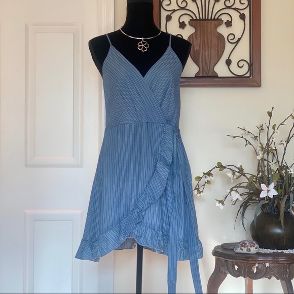 Altar'd State Dresses & Skirts - Altar’d State Blue Striped Faux Wrap Dress NWT L